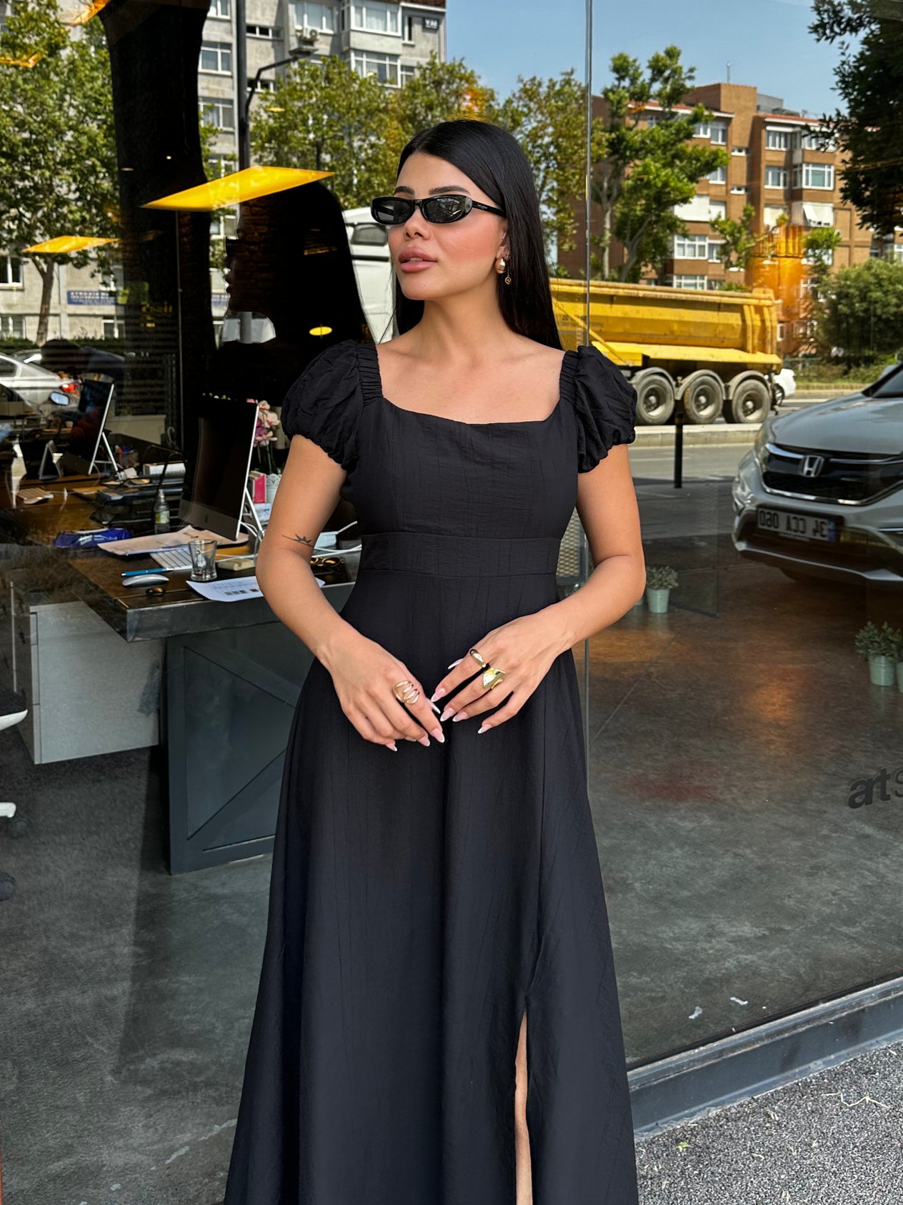 Sırt Dekolteli Poplin Elbise Siyah