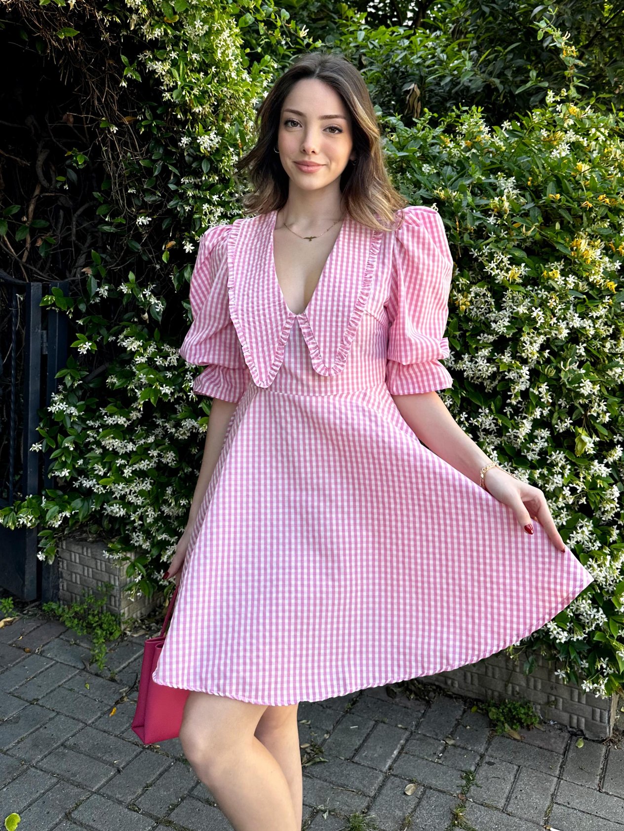 Vintage Ekoseli Elbise Pembe