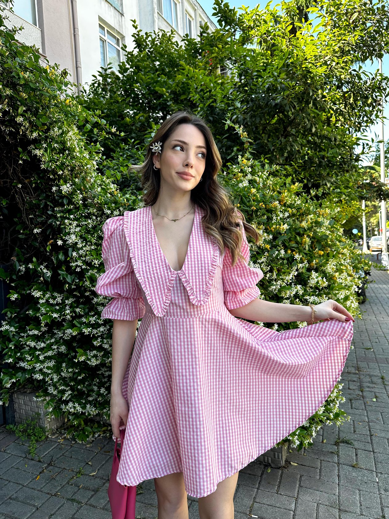 Vintage Ekoseli Elbise Pembe