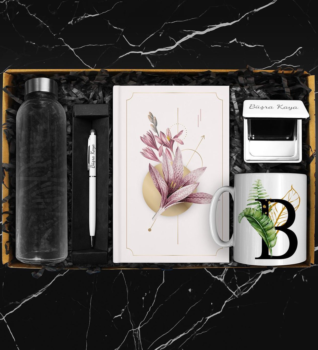 500 ML Cam Matara & Özel Tasarım Defter & Kişiye Özel Beyaz Ayna & Renkli Touch Pen Kalem & Kişiye Özel Kupa Hediye Seti