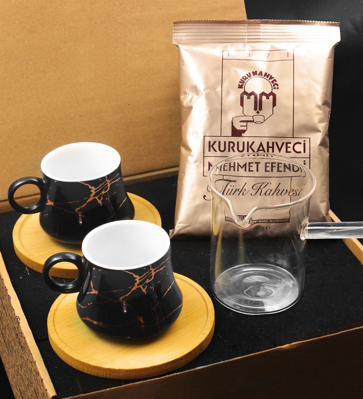 Bambulu Mermer Desenli Porselen Fincan Takımı & Cam Cezve & Türk Kahvesi Hediye Seti