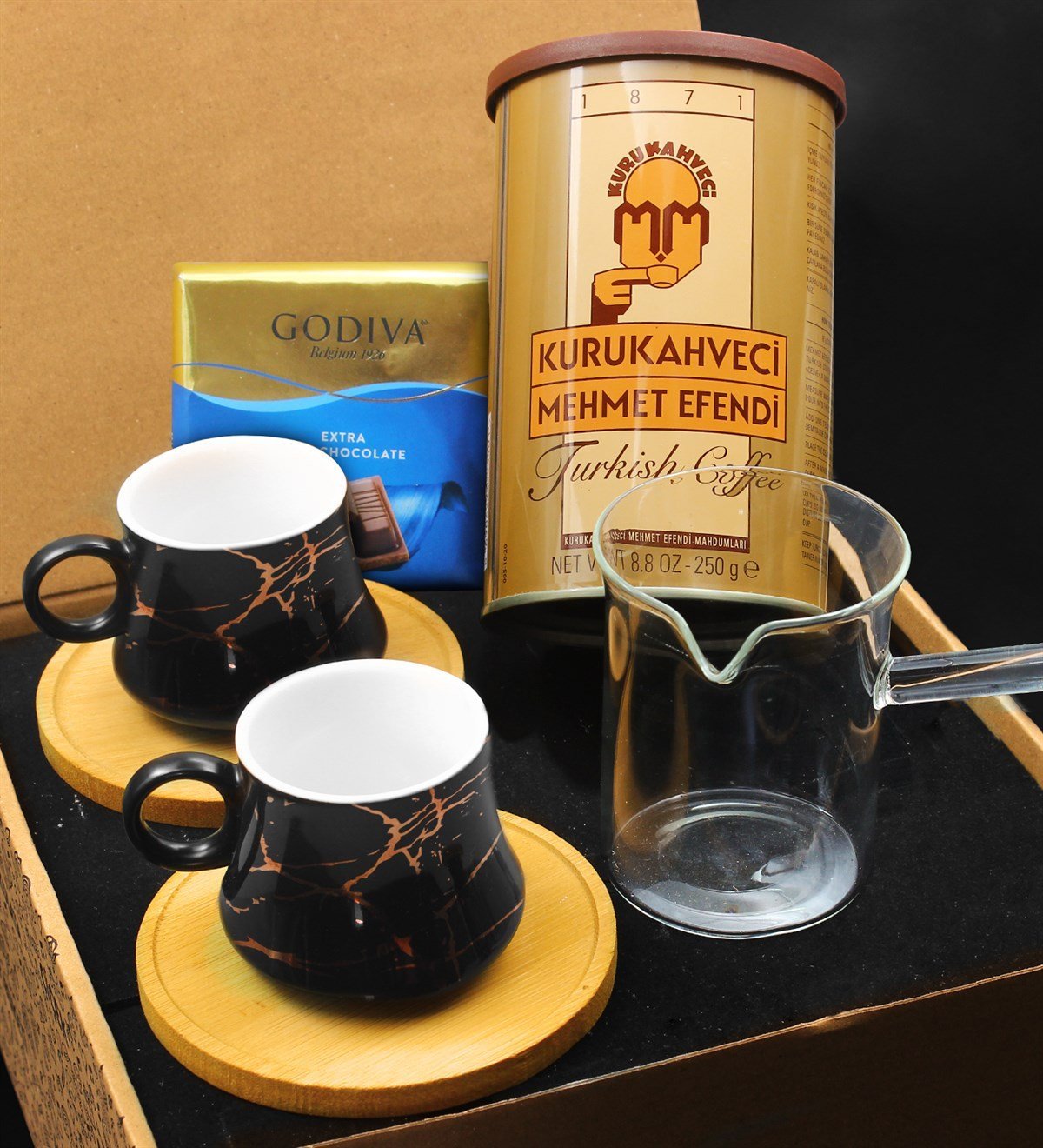 Bambulu Mermer Desenli Porselen Fincan Takımı & Cam Cezve & 250 Gram Türk Kahvesi & Godiva Çikolata Hediye Seti