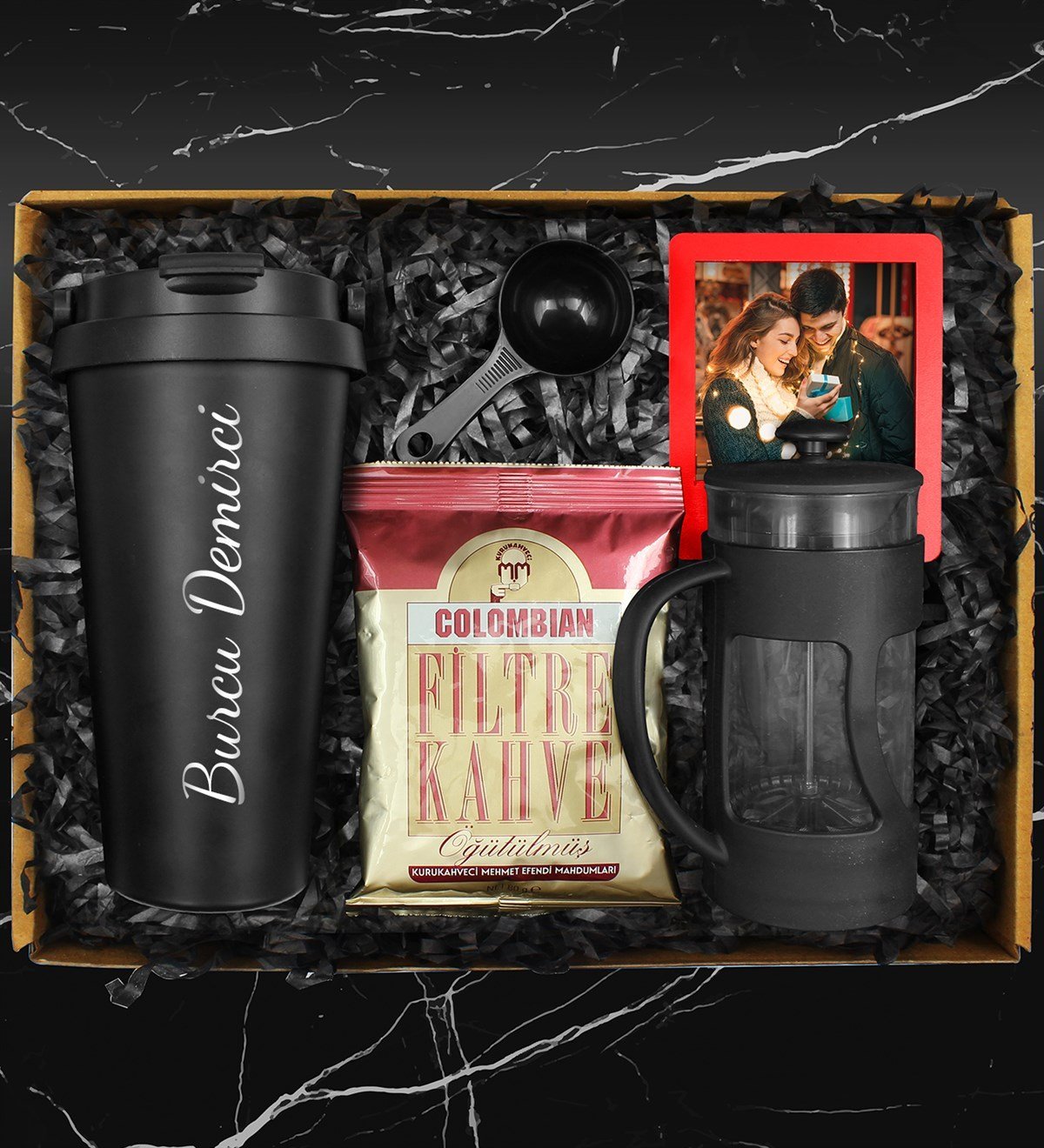 Kişiye Özel 500 ML Çelik Termos & French Press & Columbian Taze Filtre Kahve & Kişiye Özel Fotoğraf Çerçevesi Hediye Seti