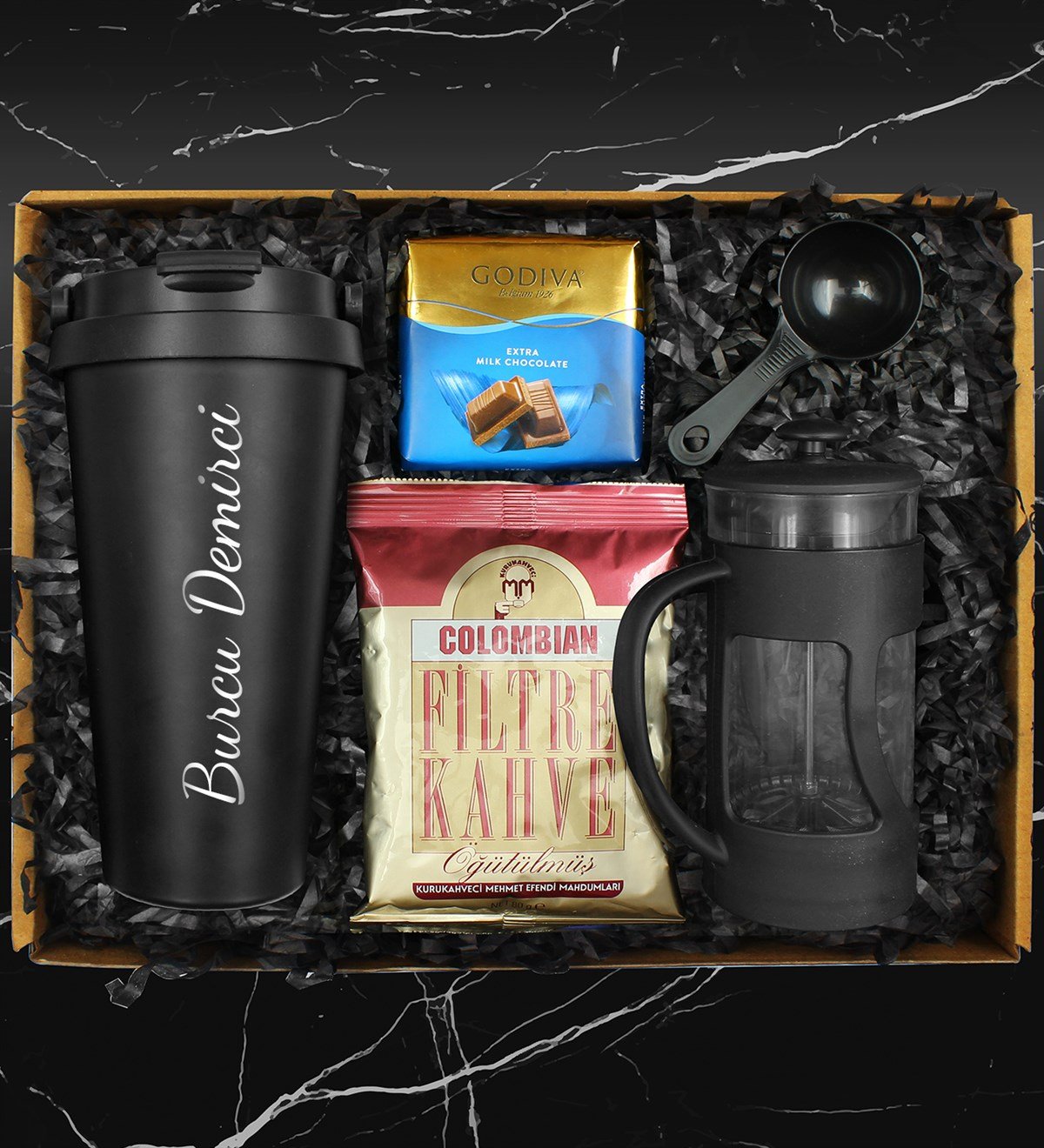Kişiye Özel 500 ML Çelik Termos & French Press & Columbian Taze Filtre Kahve & Godiva Hediye Seti