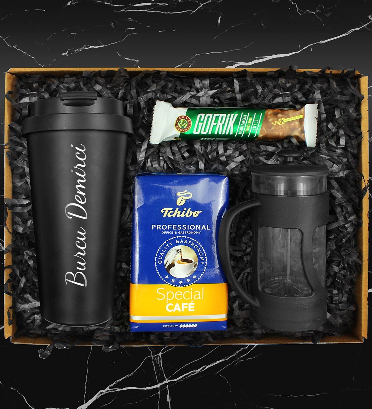 Kişiye Özel 500 ML Çelik Termos & French Press & 250 Gram Tchibo Proffesional Special Filtre Kahve & Gofrik Gofret Hediye Seti