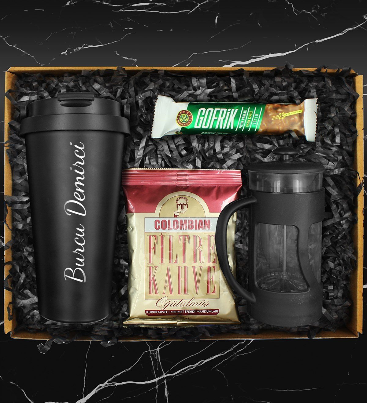 Kişiye Özel 500 ML Çelik Termos & French Press & Columbian Taze Filtre Kahve & Gofrik Hediye Seti