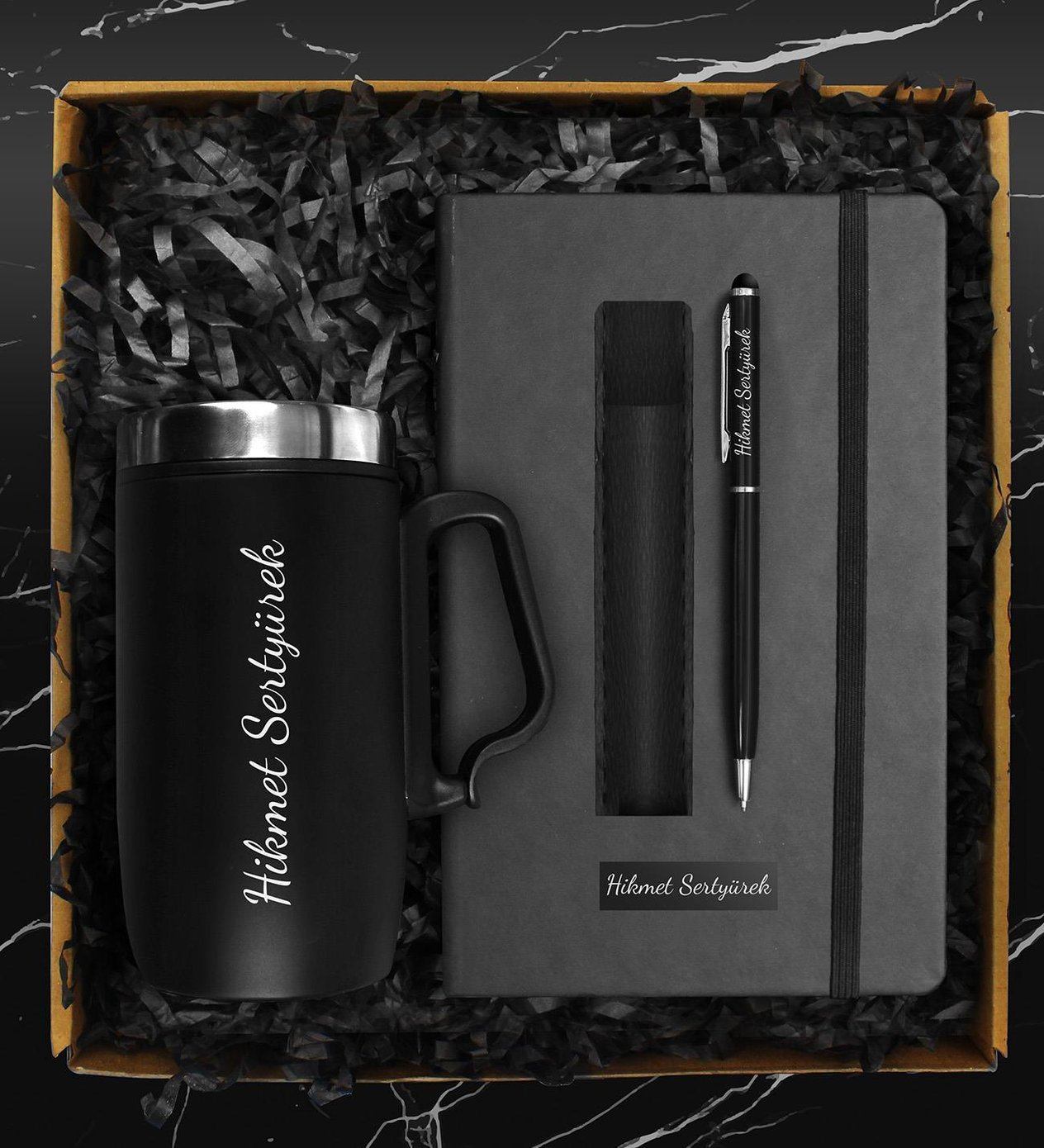 Kişiye Özel Çelik Bardak Termos & Kişiye Özel Defter & Kişiye Özel Deri Kılıflı Touch Pen Kalem Seti