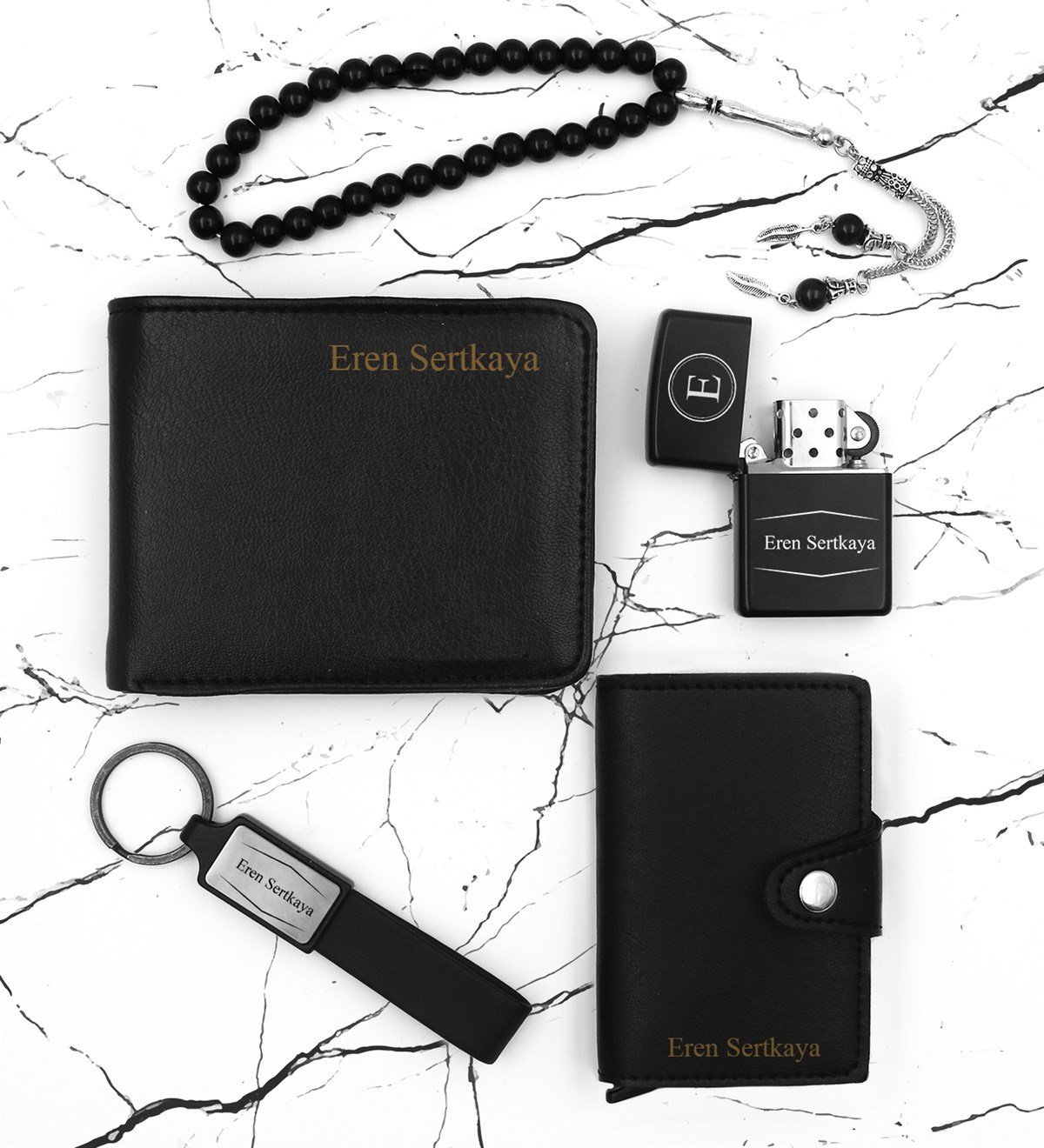 Kişiye Özel Cüzdan & Anahtarlık & Mekanizmalı Kartlık & Zippo Model Çakmak & Tesbih Hediye Seti