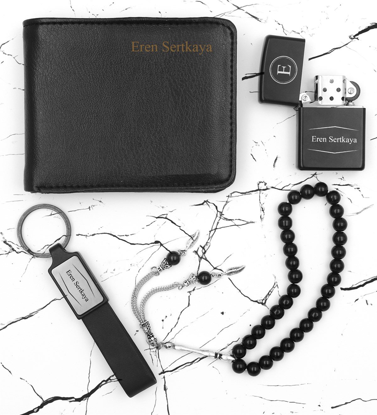 Kişiye Özel Cüzdan & Anahtarlık & Zippo Model Çakmak & Tesbih Hediye Seti