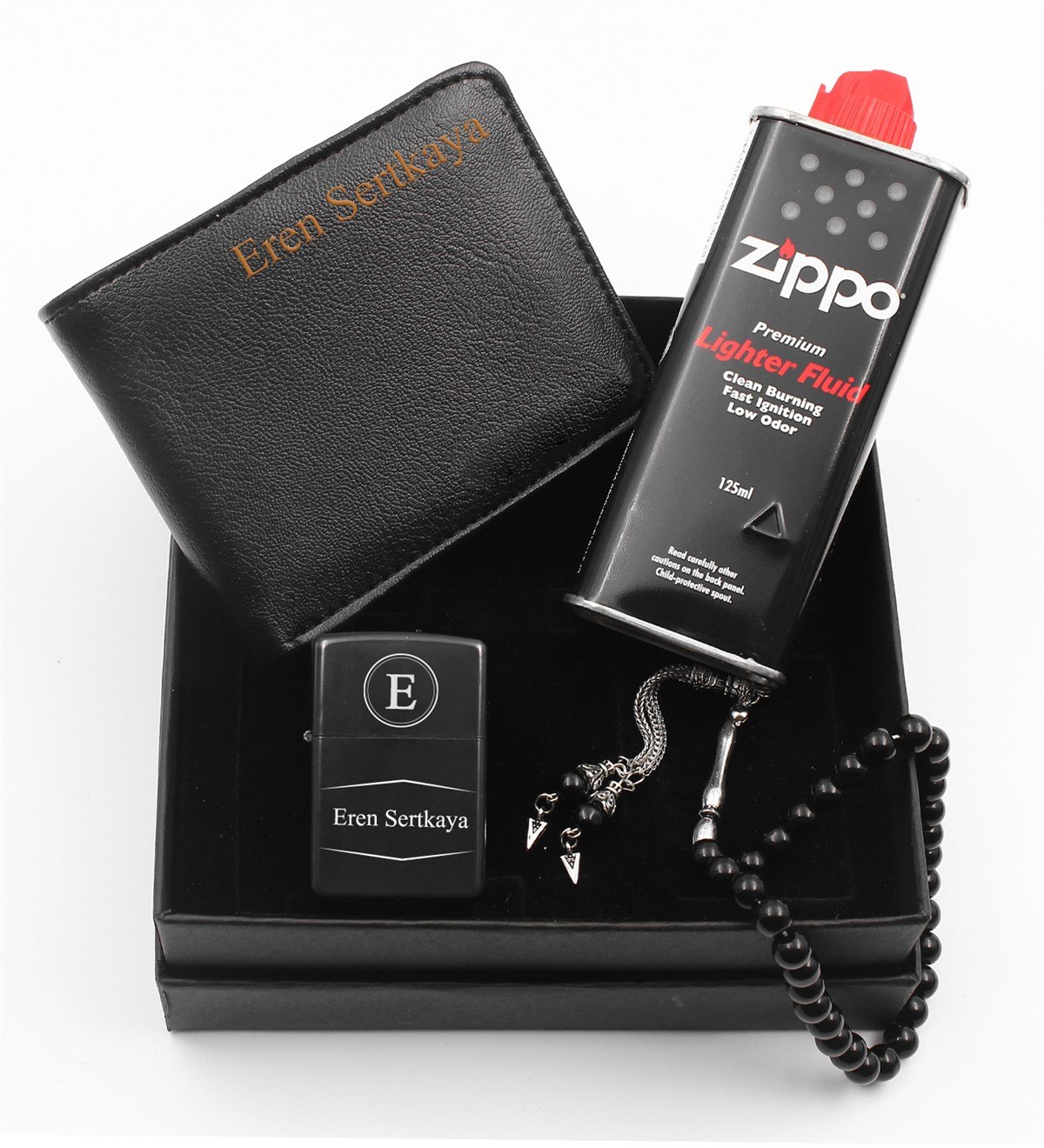 Kişiye Özel Cüzdan & Kişiye Özel Zippo Model Benzinli Çakmak & Zippo Benzin & Tesbih Hediye Seti