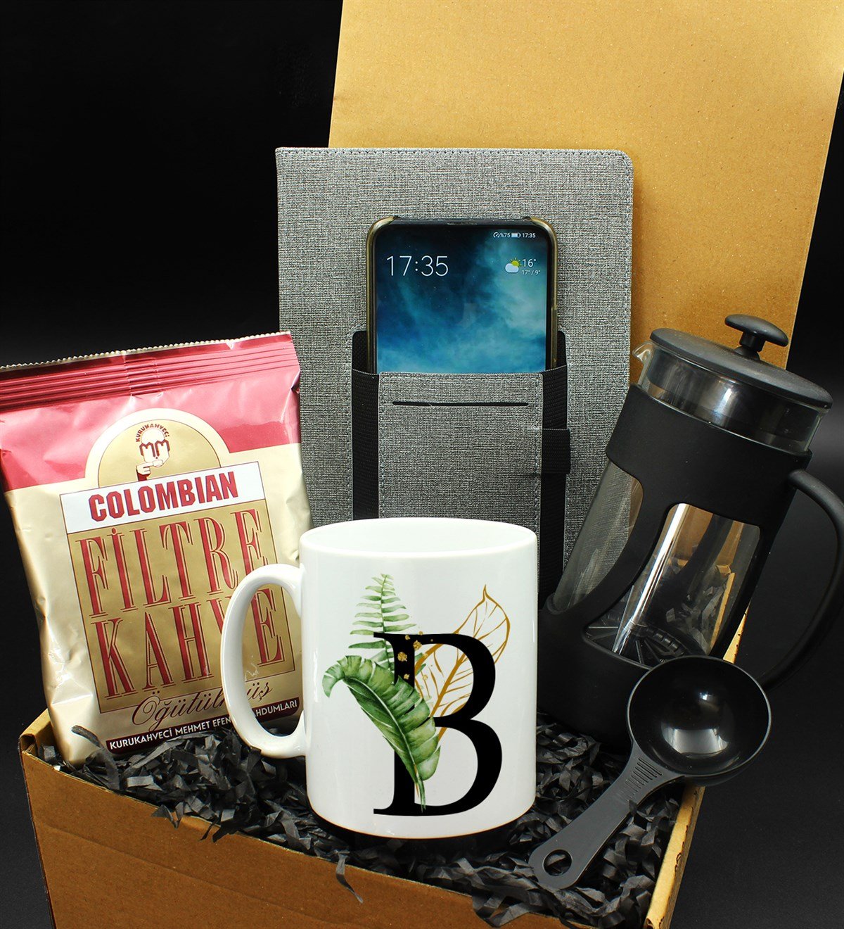 Kişiye Özel Harf Tasarım Kupa & French Press & Columbian Taze Filtre Kahve & Cepli Defter Hediye Seti