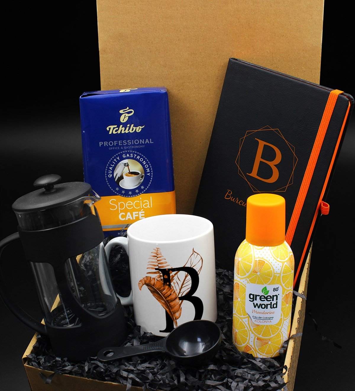 Kişiye Özel Harf Tasarımlı Kupa & French Press & 250 Gram Tchibo Special Kahve & Kişiye Özel Turuncu Defter & Green World Kolonya