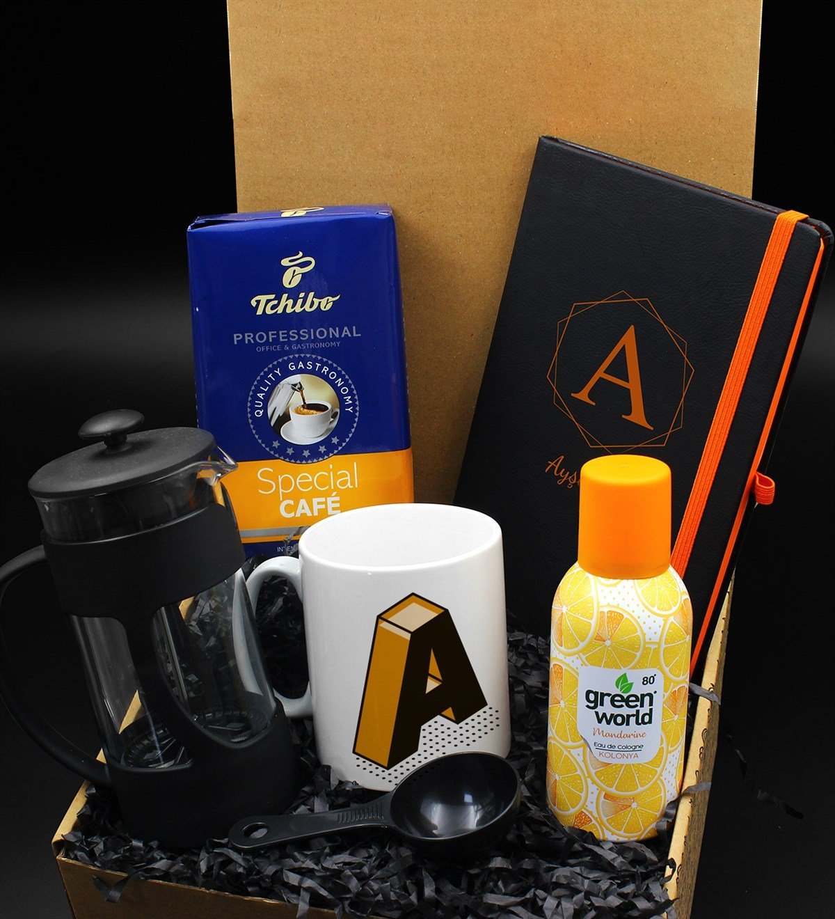 Kişiye Özel Retro Harf Tasarımlı Kupa & French Press & 250 Gram Tchibo Special Kahve & Kişiye Özel Turuncu Defter & Green World Kolonya