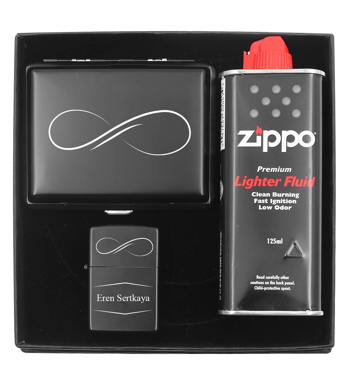 Kişiye Özel Sonsuzlık Tasarım Metal Tabaka & Kişiye Özel Zippo Model Benzinli Çakmak & 125 ML Zippo Benzin