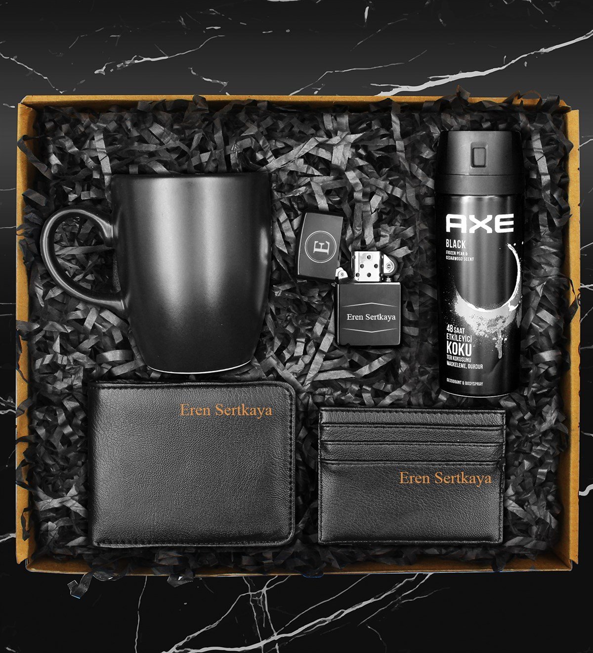 Kişiye Özel Zippo Model Çakmak & Cüzdan & Kartvizitlik & Siyah Kupa & Axe Erkek Deodorant