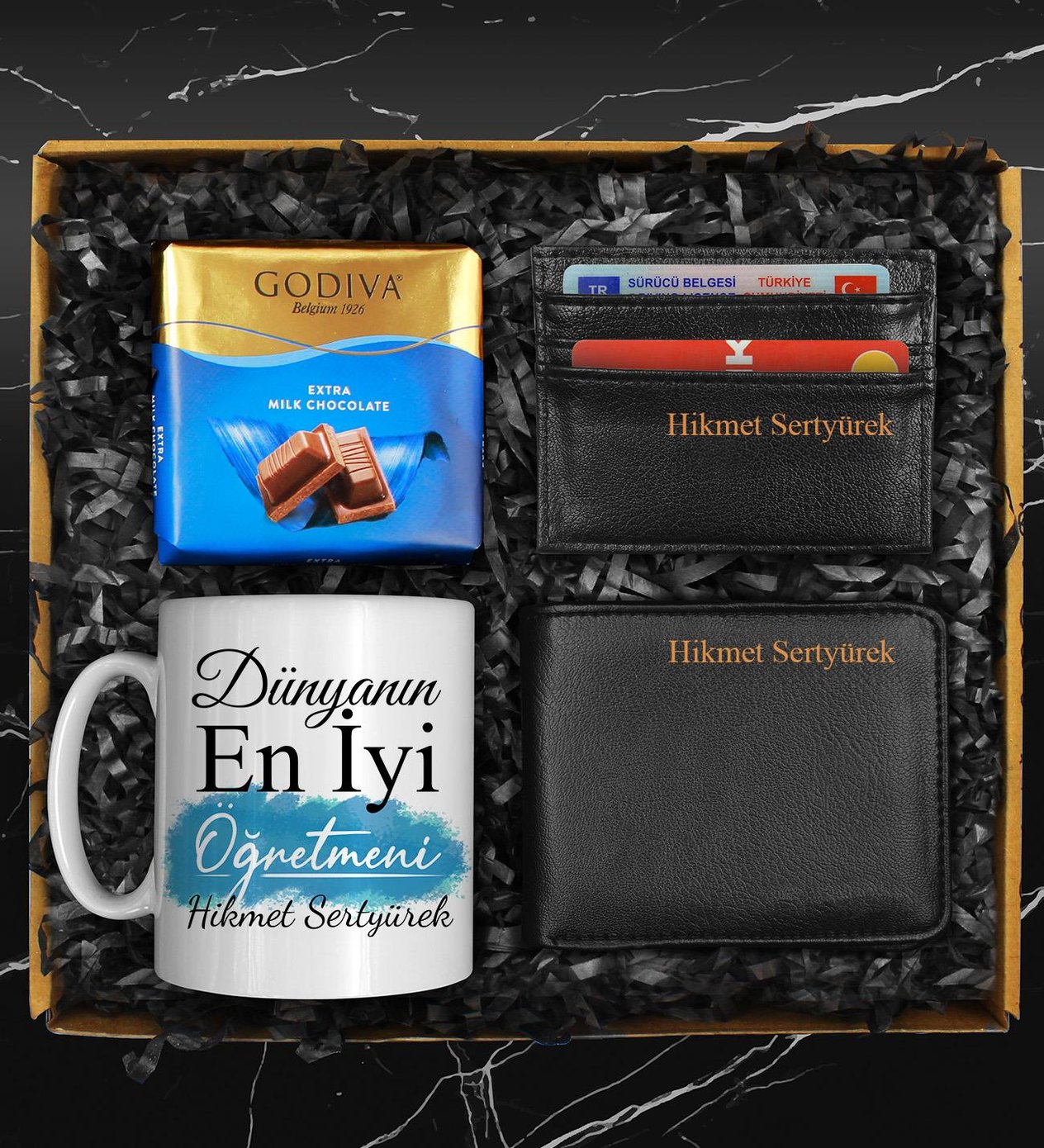 Öğretmenler Gününe Özel Kişiye Özel Tasarım Kupa & Cüzdan & Kartvizitlik & Godiva Seti