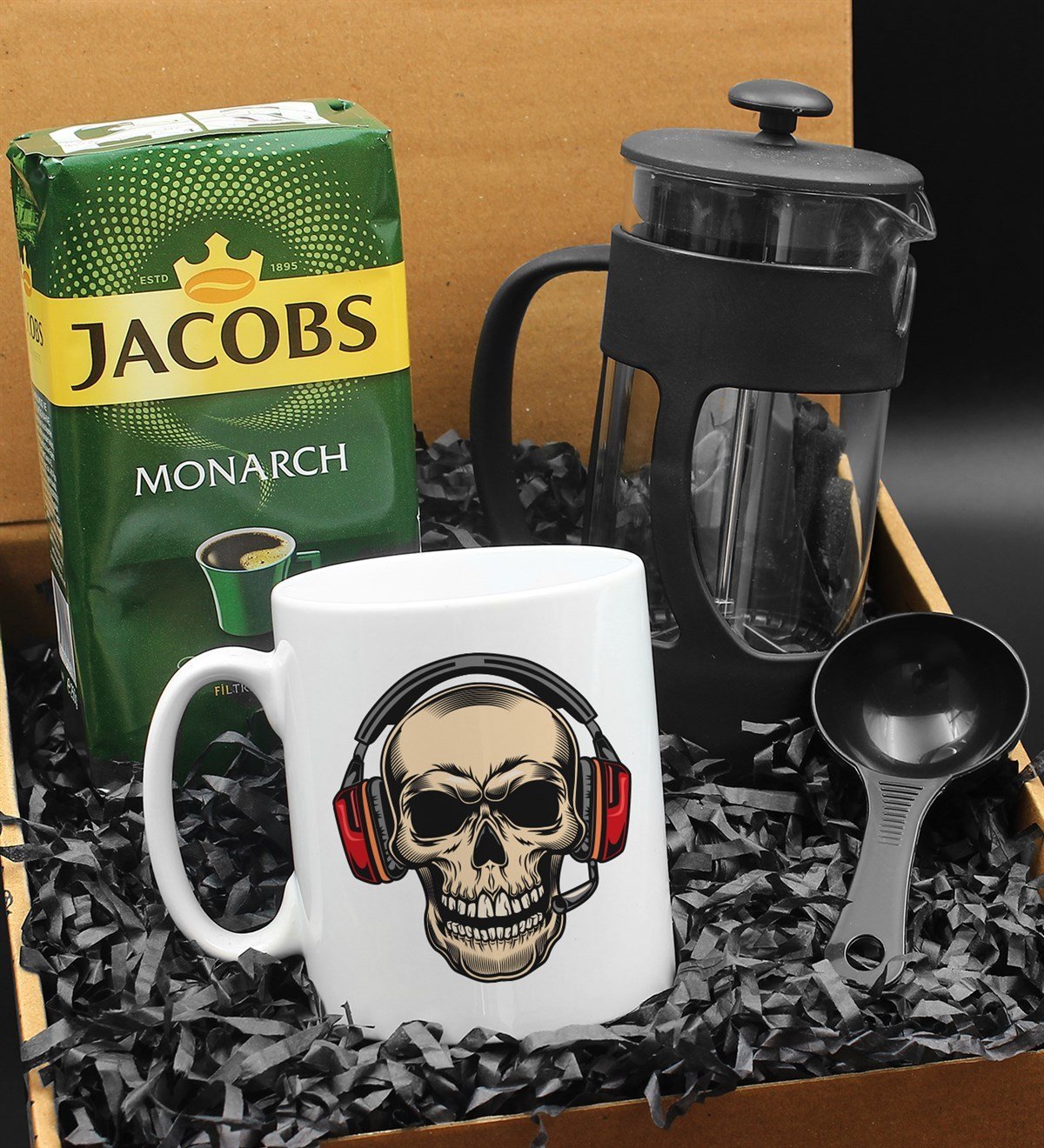Özel Tasarımlı Kulaklıklı Kuru Kafa Kupa & French Press & 250 Gram Jacobs Monarch Filtre Kahve Hediye Seti