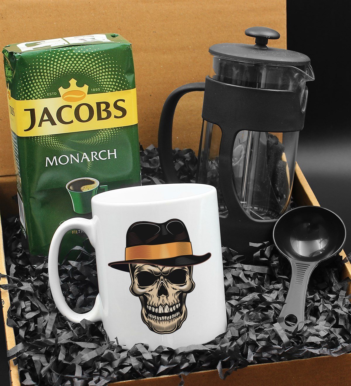 Özel Tasarımlı Şapkalı Kuru Kafa Kupa & French Press & 250 Gram Jacobs Monarch Filtre Kahve Hediye Seti