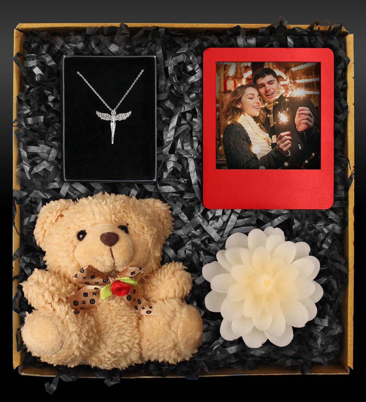 Sevgililer Gününe Özel Ayıcık & Melek Kolye & Mum & Kişiye Özel Fotoğraf Çerçevesi Hediye Seti