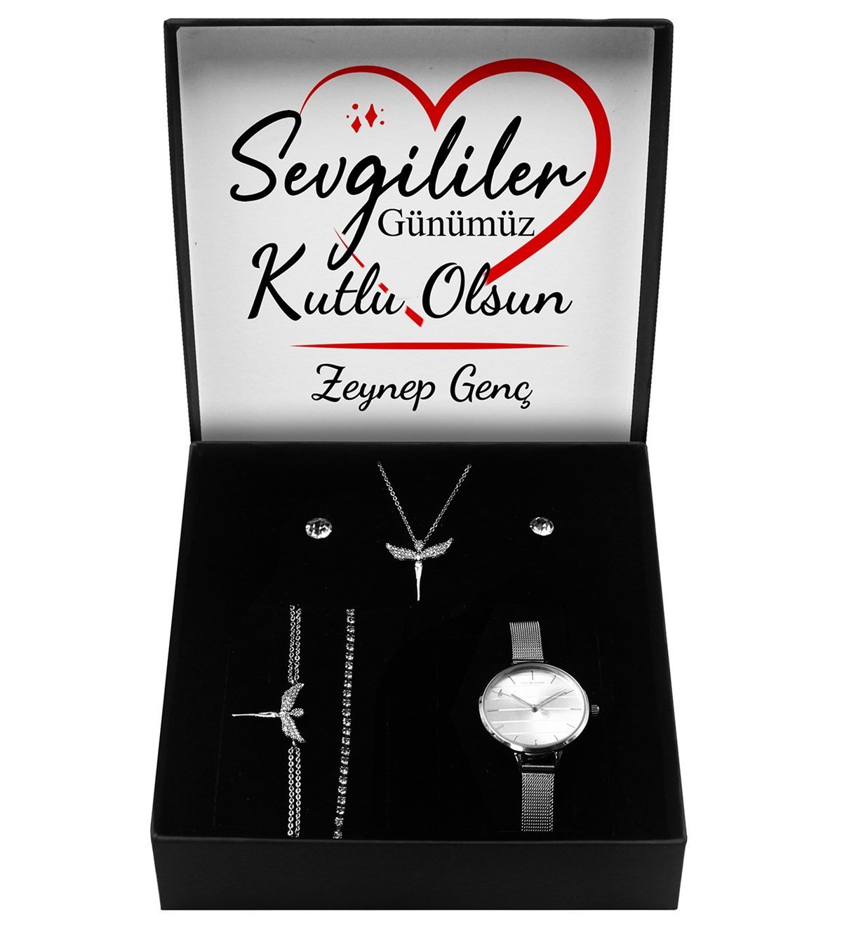 Sevgililer Gününe Özel Kutulu Gümüş Kaplama Melek Kolye & 2'li Küpe & 2'li Bileklik & Saat Hediye Seti