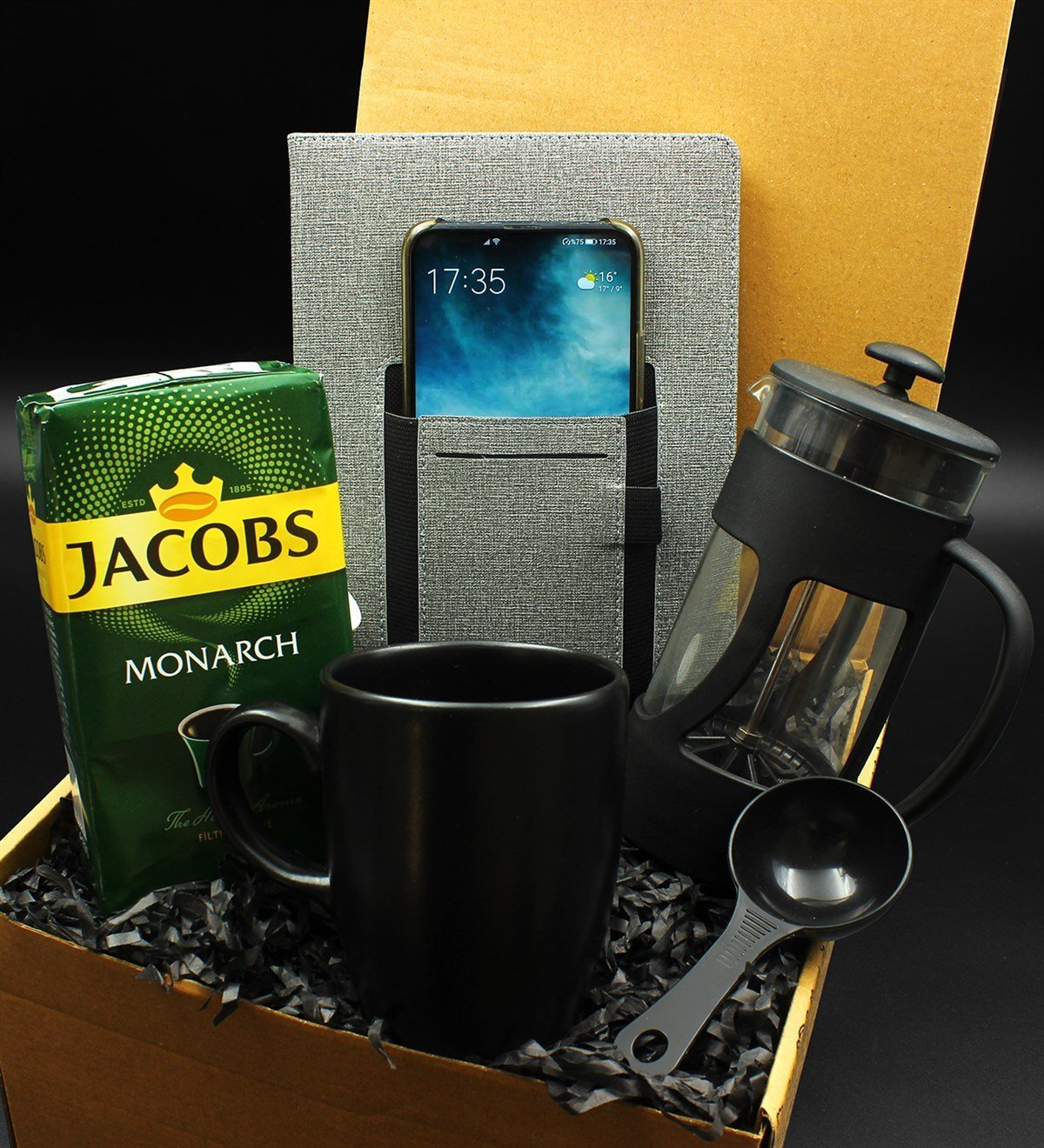 Siyah Kupa & French Press & 250 Gram Jacobs Filtre Kahve & Cepli Defter Hediye Seti