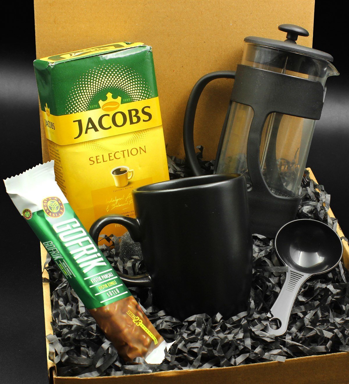 Siyah Kupa & French Press & 250 Gram Jacobs Selection Filtre Kahve & Gofrik Hediye Seti