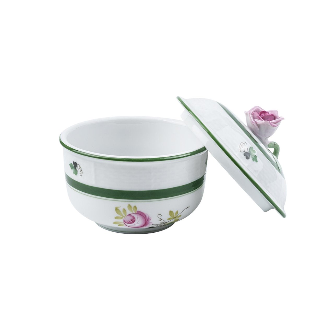 HEREND Sugar bowl with lid Vienna Rose Green Striped Pink Rose