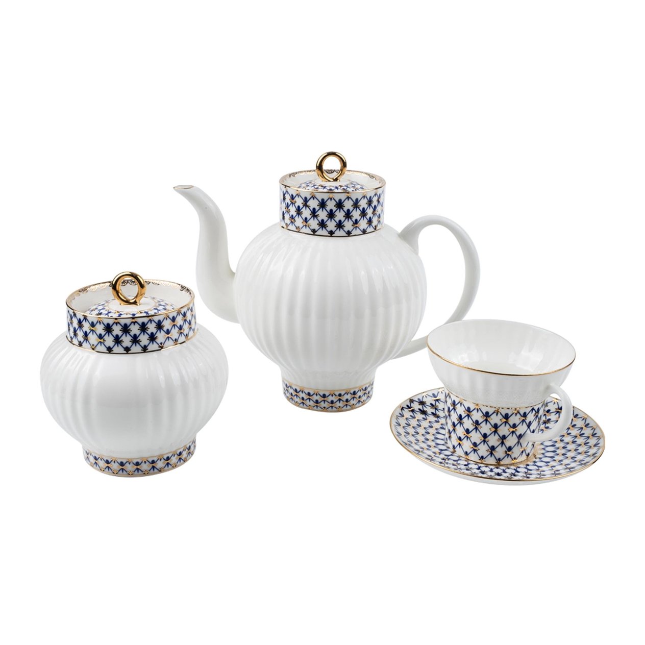 IMPERIAL PORCELAIN Tea Set 6 seater 14 Piece Wave Cobalt Net Blue