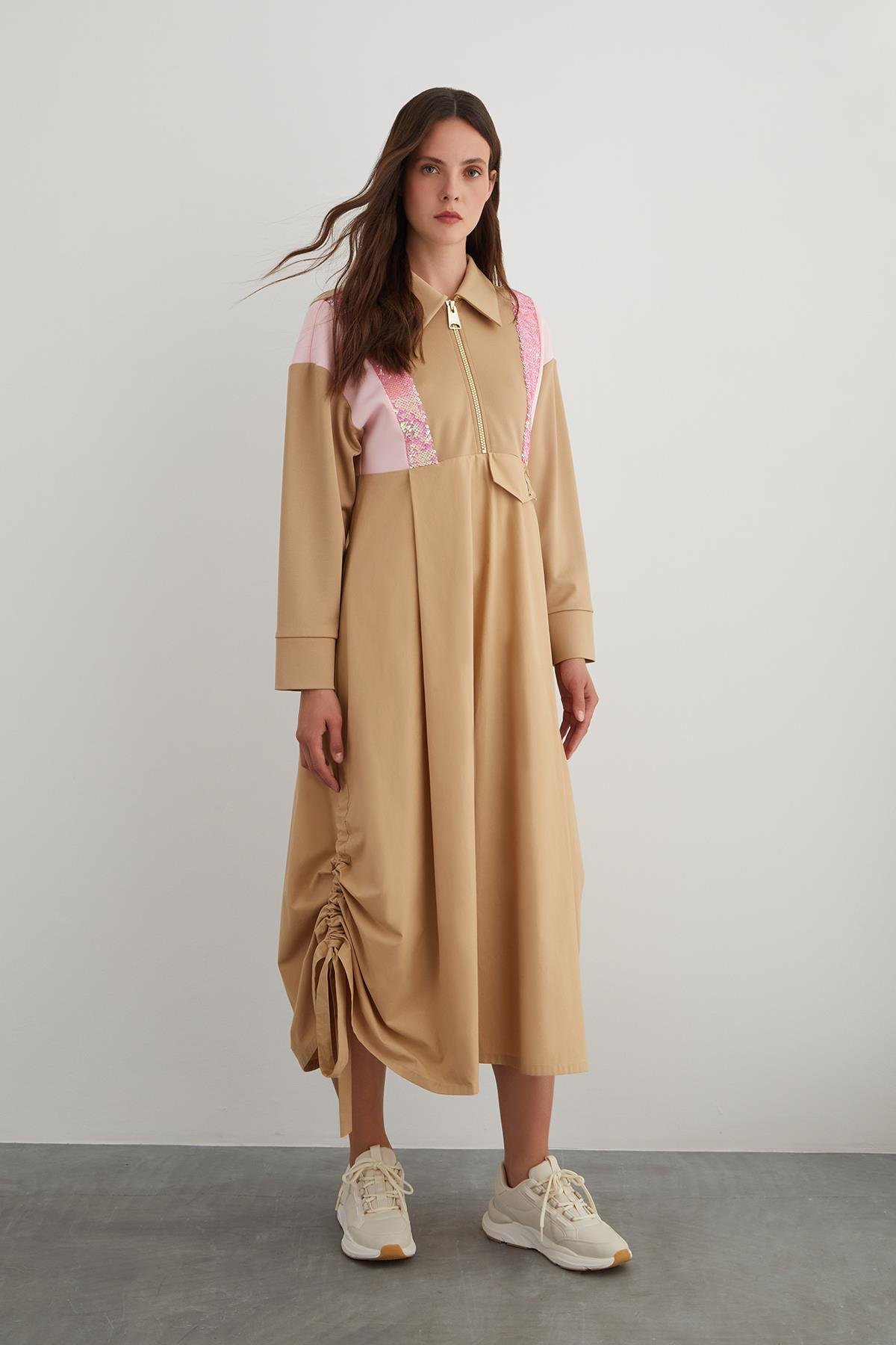 Beige Sequin Embellished Long Dress