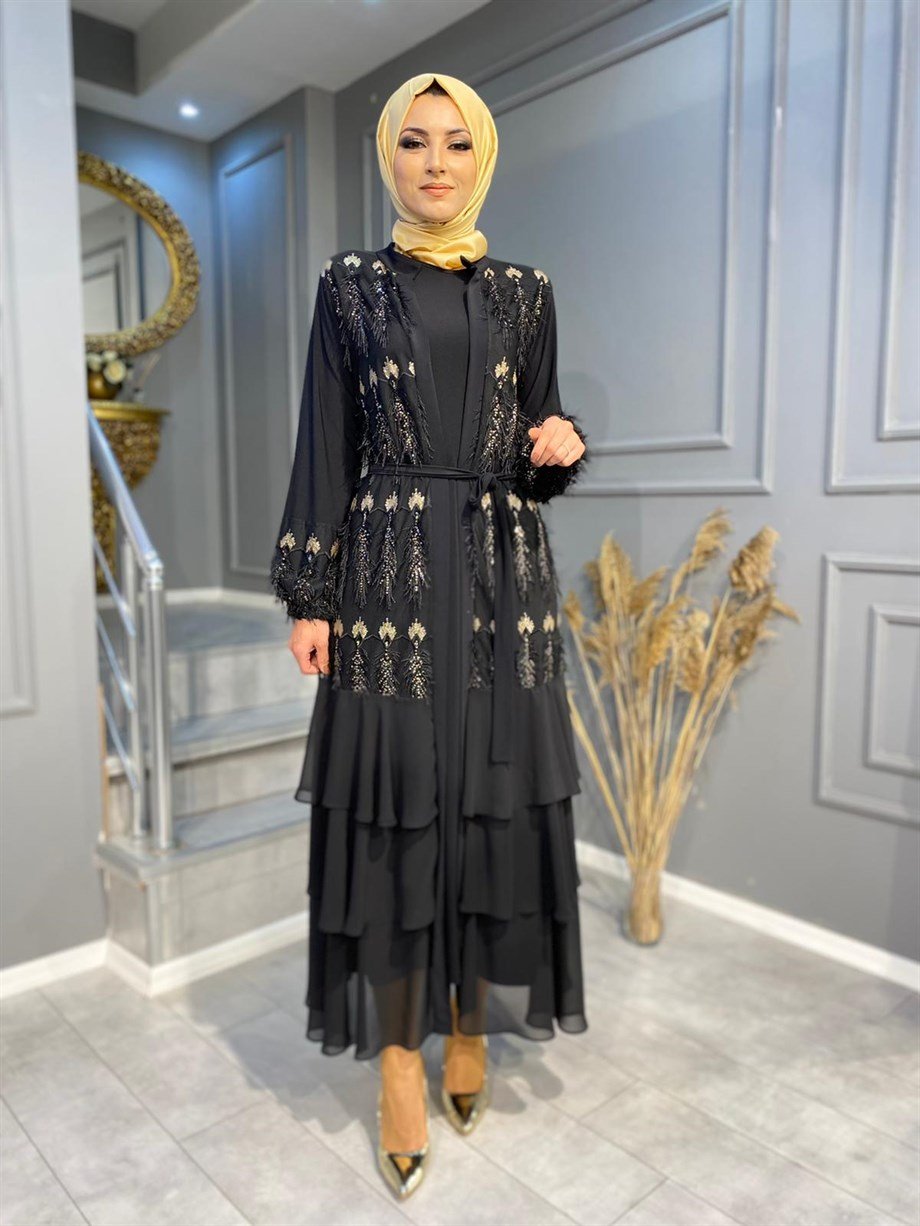 882 ÖZEL TASARIM PAYET İŞLEMELİ ABAYA 