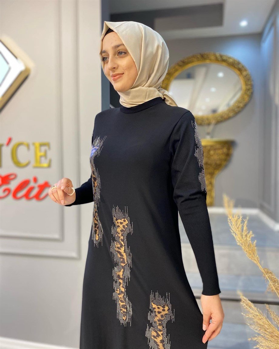 NEVON612 ÖZEL KOLEKSİYON LEOPAR VE TAŞ İŞLEME DETAY KOLLARI SOĞUK İPLİK MERSERİZE ELBİSE MODELİMİZ