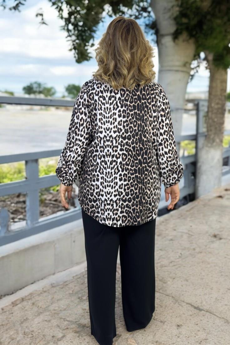 LEOPAR DESENLİ DÜĞMELİ KATLANIR KOL GÖMLEK CEKET BELİ LASTİKLİ VİSKON PANTOLON İKİLİ TAKIM