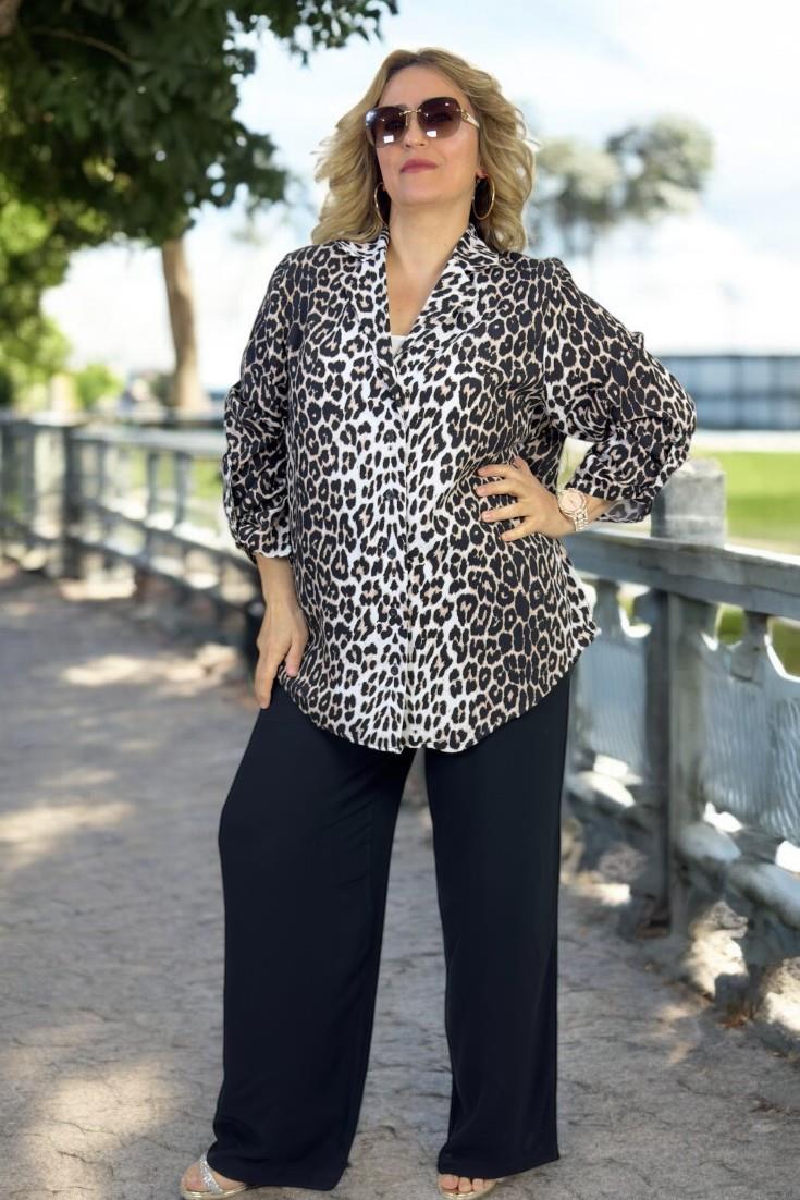 LEOPAR DESENLİ DÜĞMELİ KATLANIR KOL GÖMLEK CEKET BELİ LASTİKLİ VİSKON PANTOLON İKİLİ TAKIM