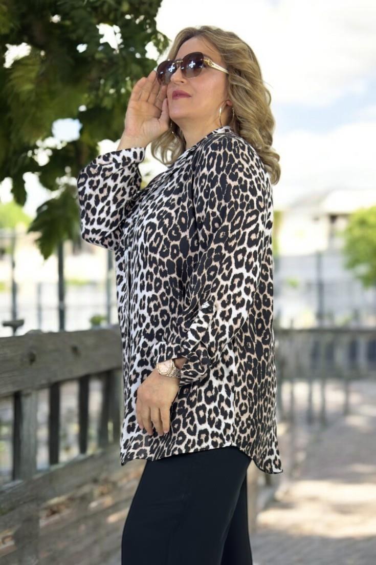 LEOPAR DESENLİ DÜĞMELİ KATLANIR KOL GÖMLEK CEKET BELİ LASTİKLİ VİSKON PANTOLON İKİLİ TAKIM
