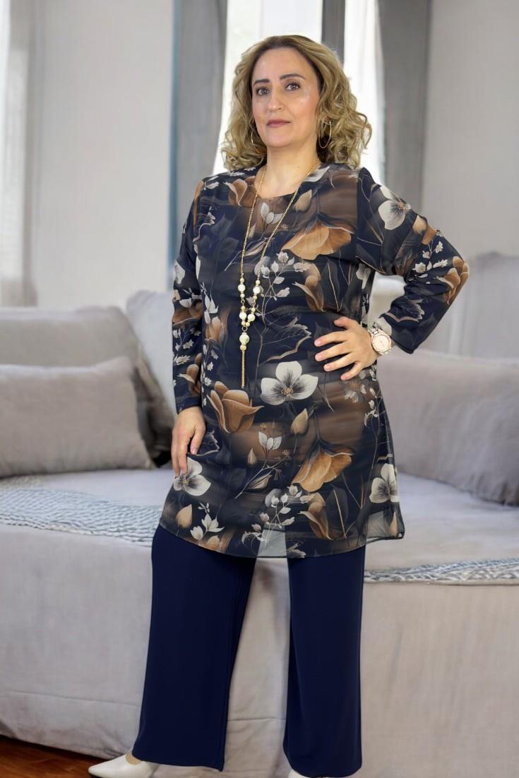 KENDİNDEN ASTARLI ŞİFON BLUZ BELİ LASTİKLİ BUZZY KUMAŞ PANTOLON İKİLİ TAKIM SİYAH