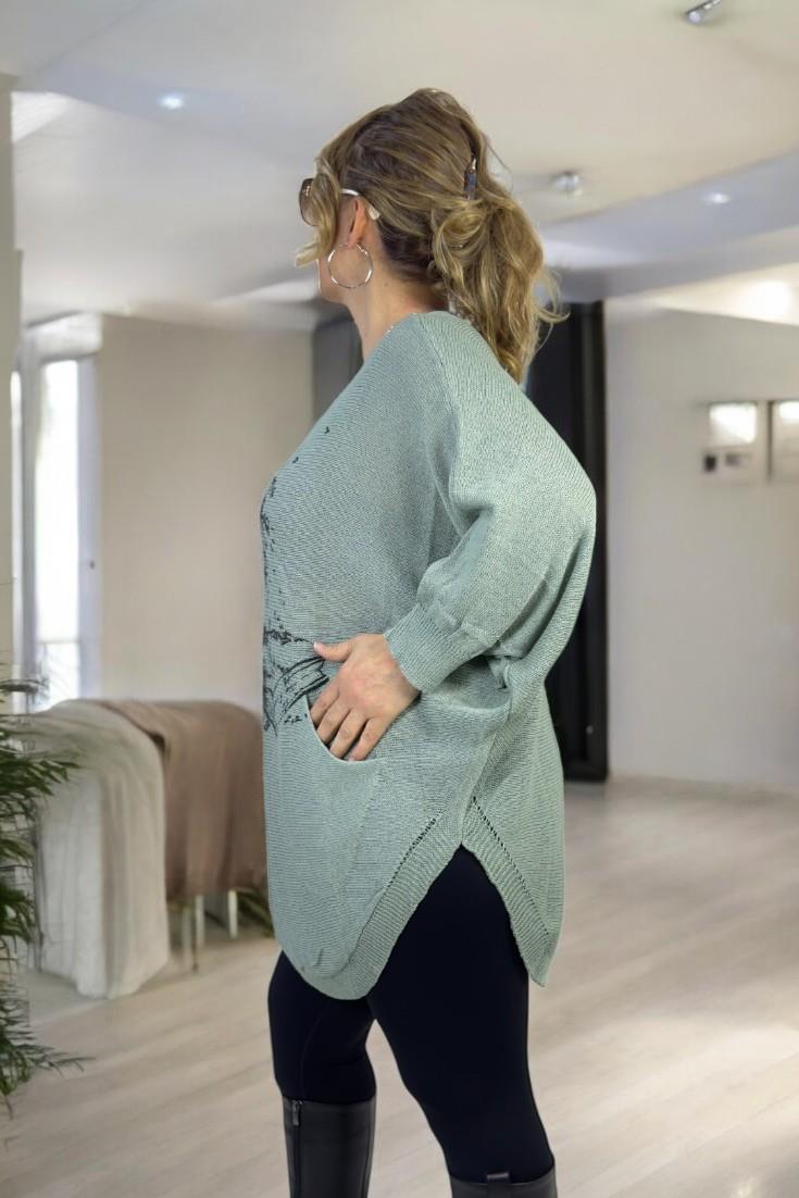AĞAÇ DESENLİ KAYIK YAKA CEPLİ OVAL KESİM BÜYÜK BEDEN İTALYAN MERSERİZE BLUZ KAZAK
