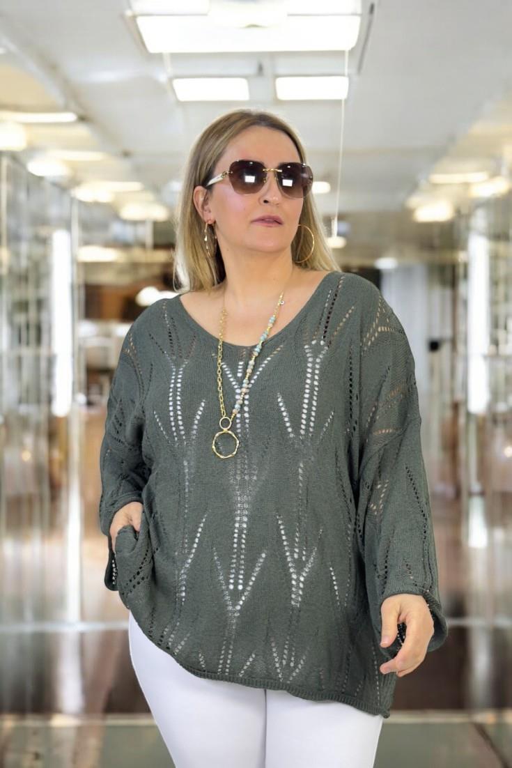 KAYIK YAKA AJURLU DESENLİ BÜYÜK BEDEN İTALYAN MERSERİZE BLUZ KAZAK