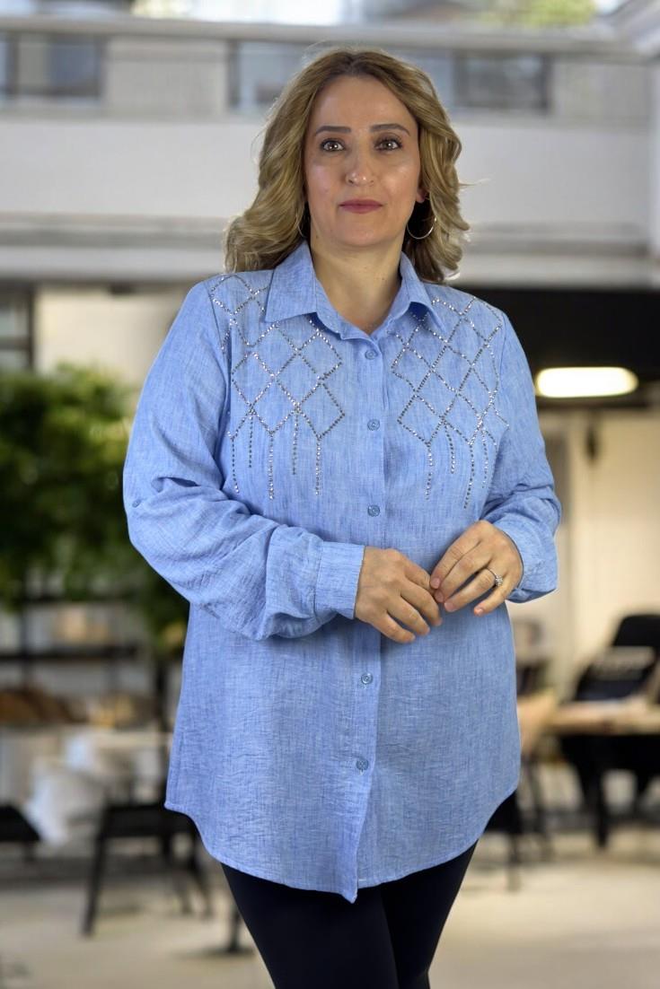 TAŞ İŞLEMELİ  KATLANIR KOL DETAYLI FLAMLI PAMUK KETEN BÜYÜK BEDEN GÖMLEK