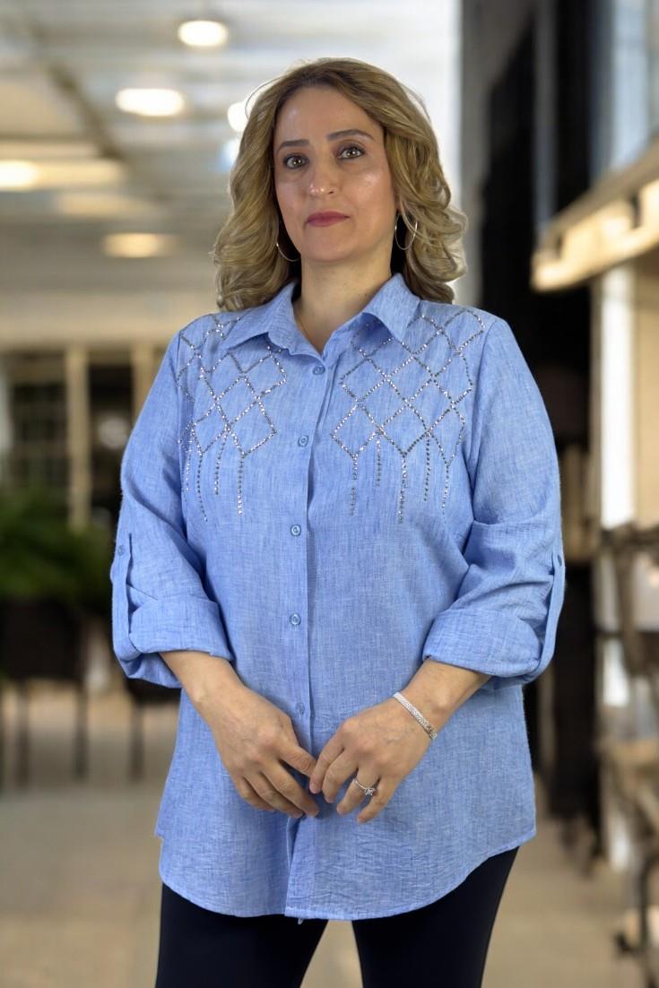 TAŞ İŞLEMELİ  KATLANIR KOL DETAYLI FLAMLI PAMUK KETEN BÜYÜK BEDEN GÖMLEK