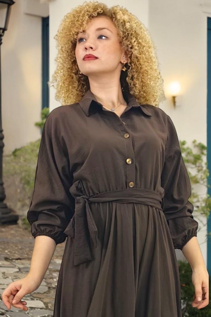 GÖMLEK YAKA KUŞAK DETAY YARIM DÜĞME KAPAMA ETEĞİ KLOŞ AEROBİN ELBİSE