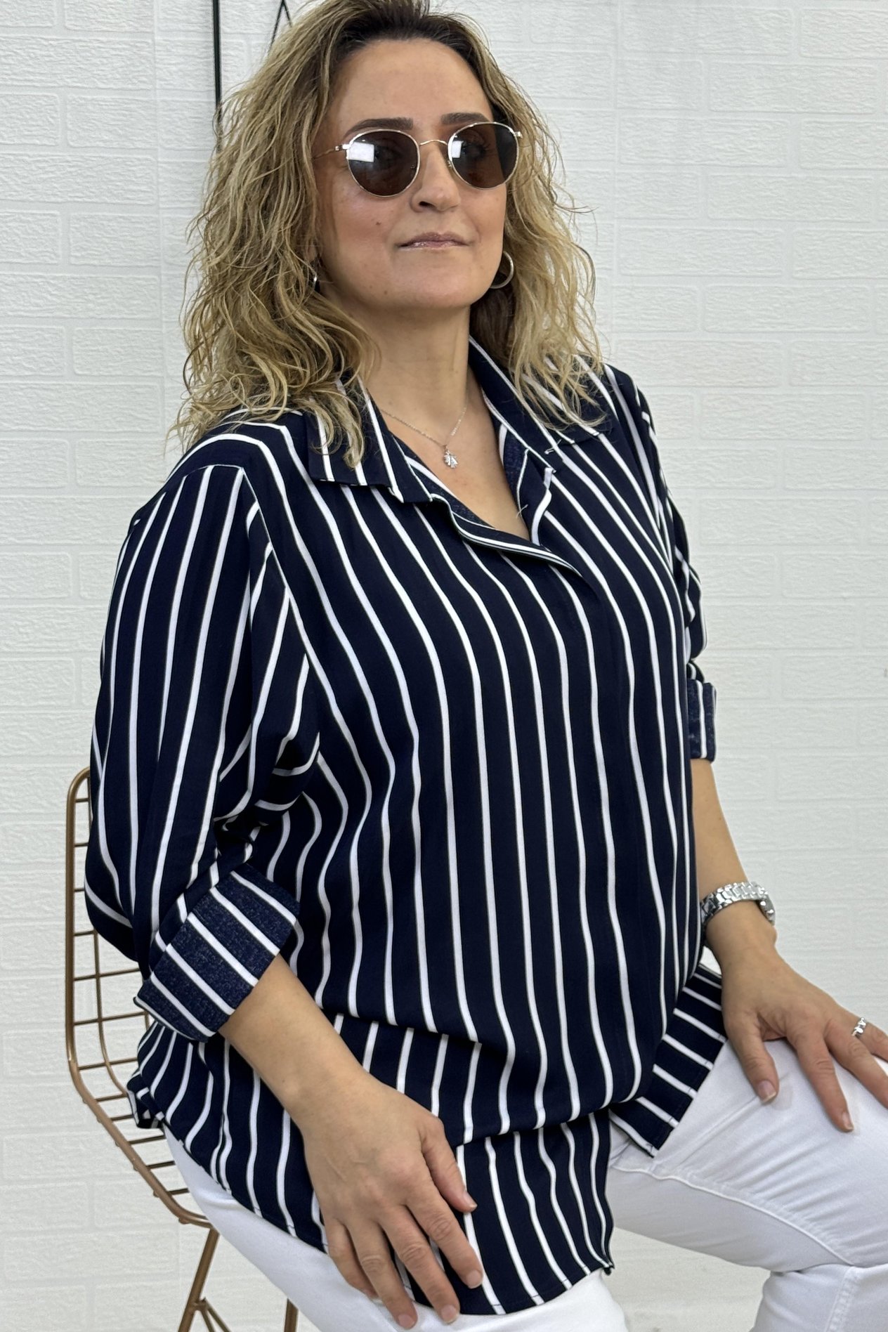 EKSTRA BÜYÜK BEDEN ÇİZGİLİ DESEN ZARA PAMUKLU KADIN GÖMLEK