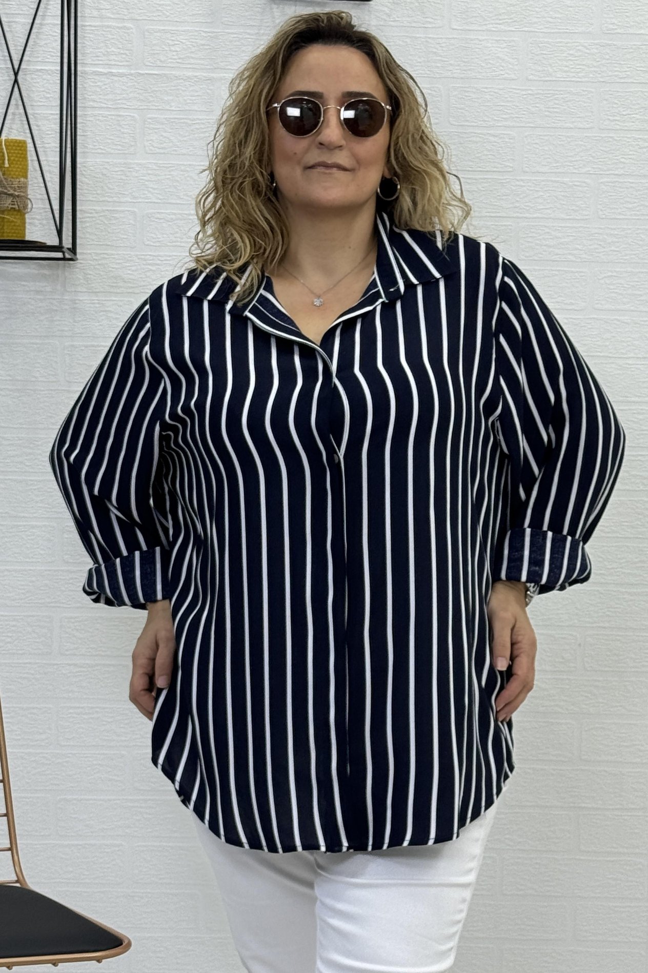 EKSTRA BÜYÜK BEDEN ÇİZGİLİ DESEN ZARA PAMUKLU KADIN GÖMLEK