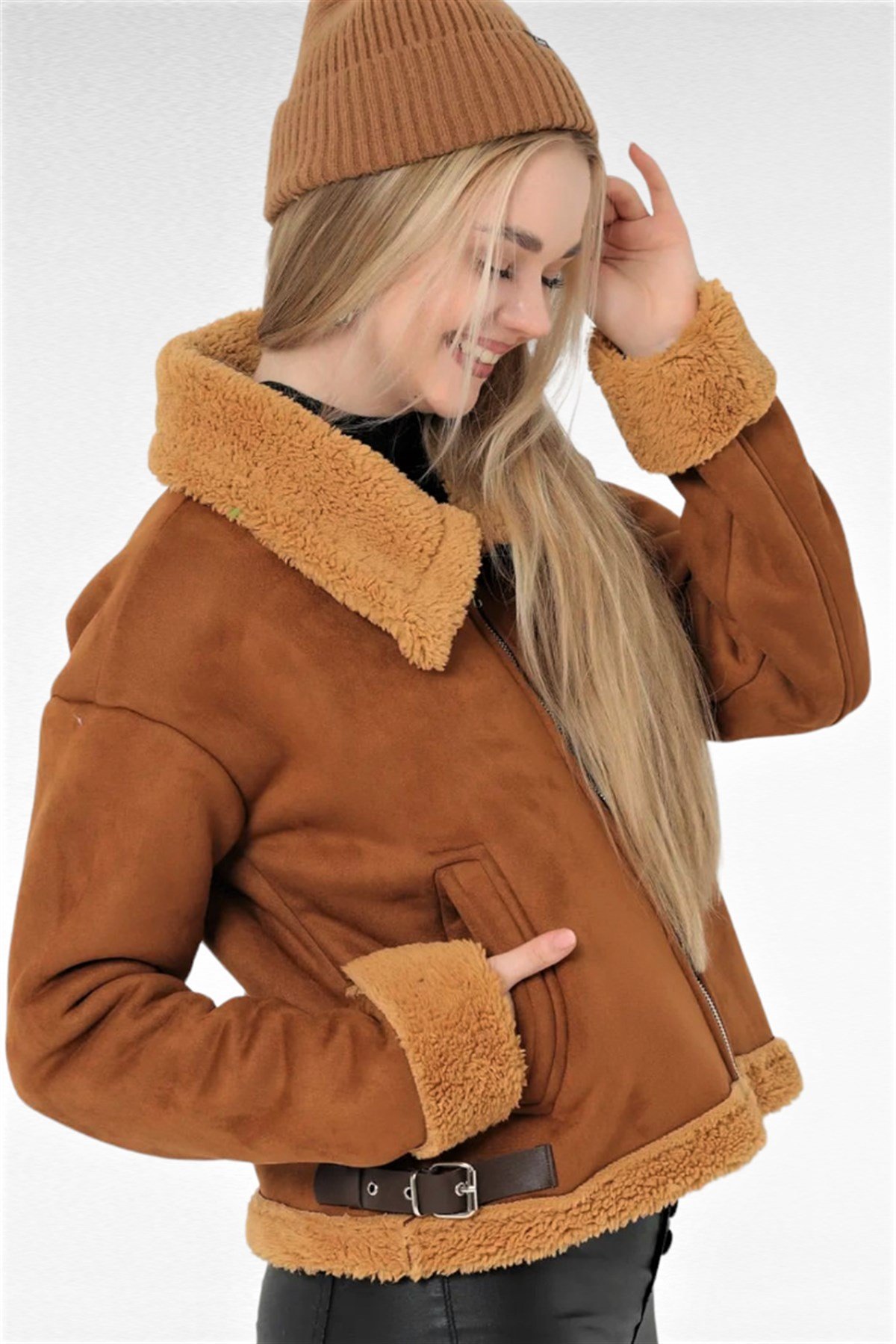 ZARA PELUŞ DETAYLI BİKER NUBUK MONT KADIN