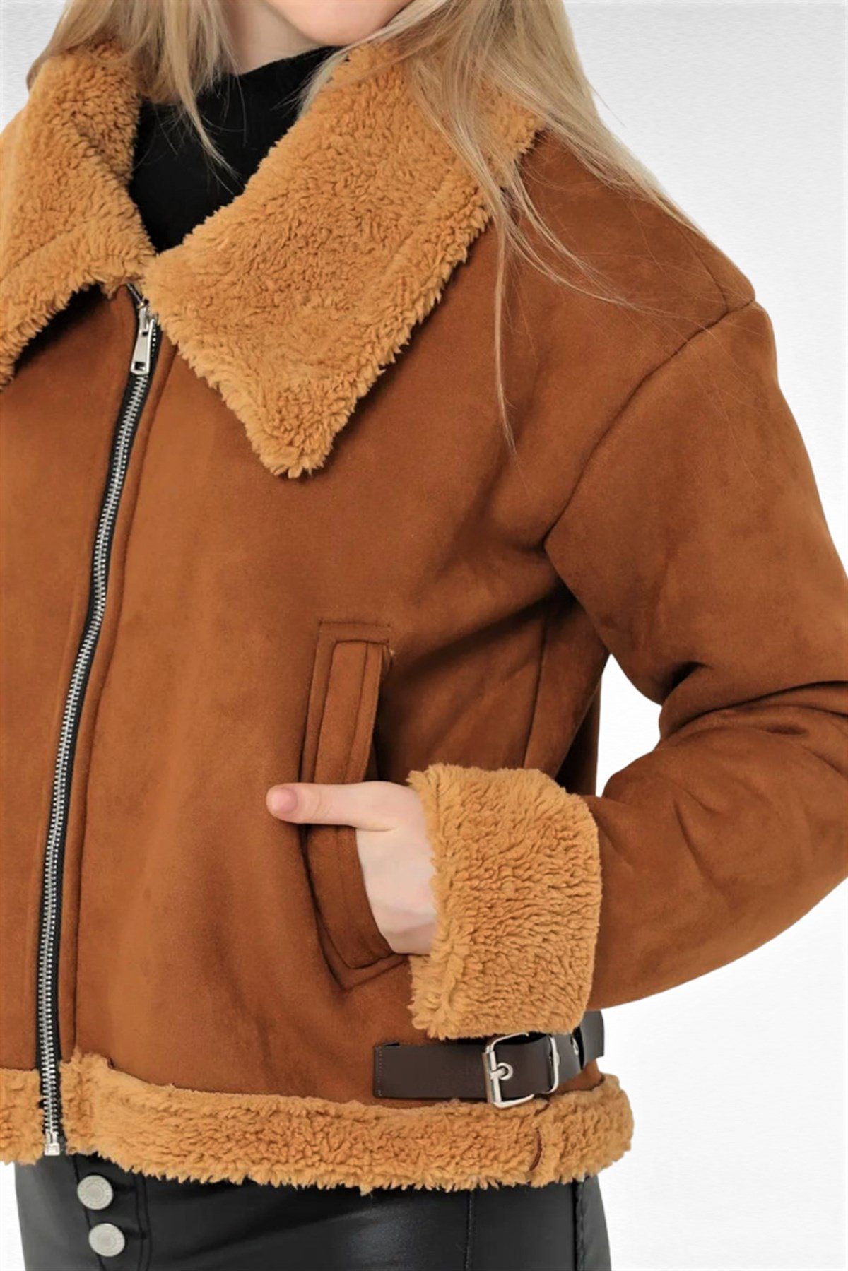 ZARA PELUŞ DETAYLI BİKER NUBUK MONT KADIN