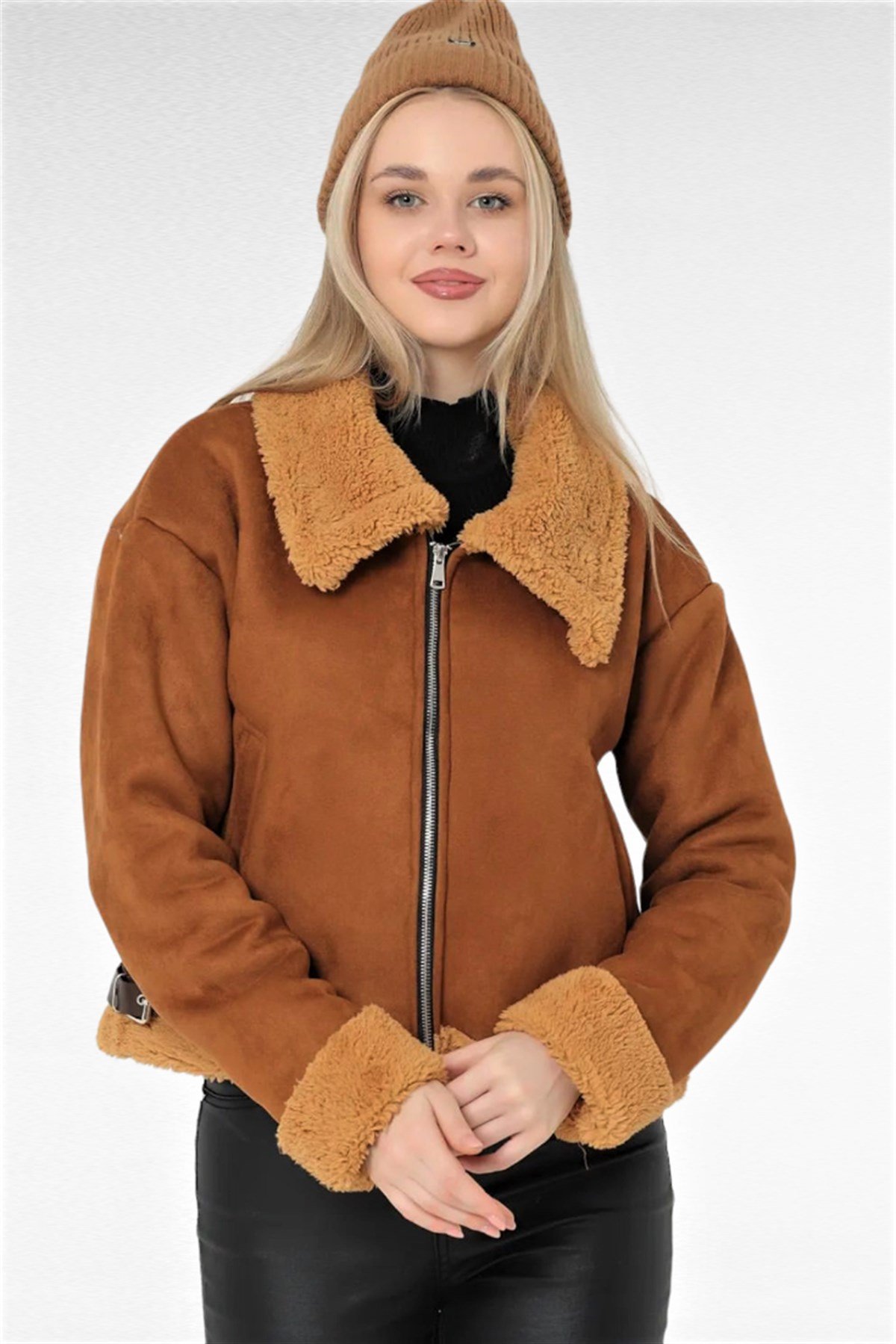 ZARA PELUŞ DETAYLI BİKER NUBUK MONT KADIN