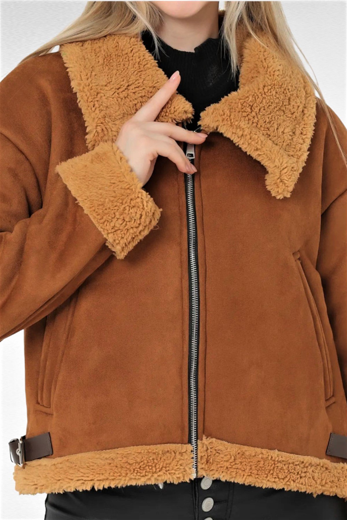 ZARA PELUŞ DETAYLI BİKER NUBUK MONT KADIN
