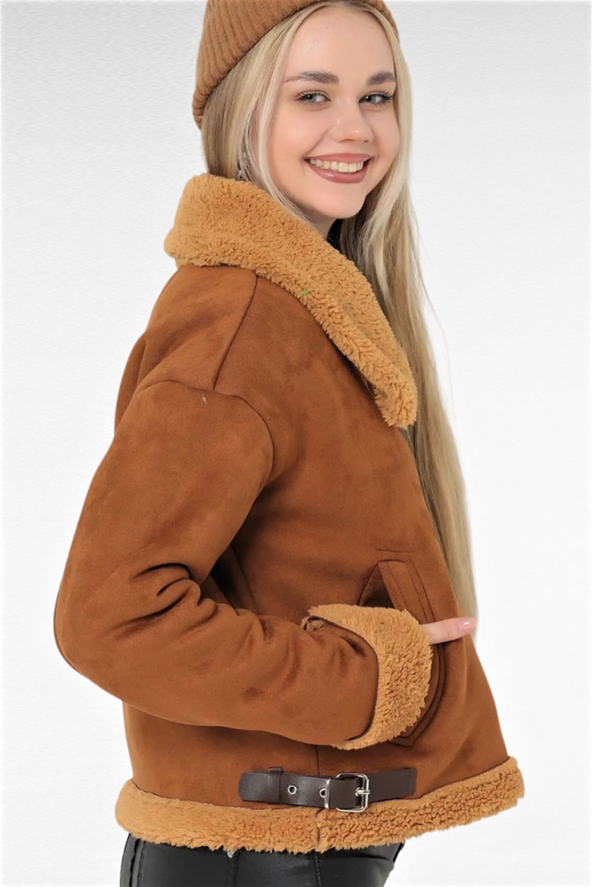 ZARA PELUŞ DETAYLI BİKER NUBUK MONT KADIN