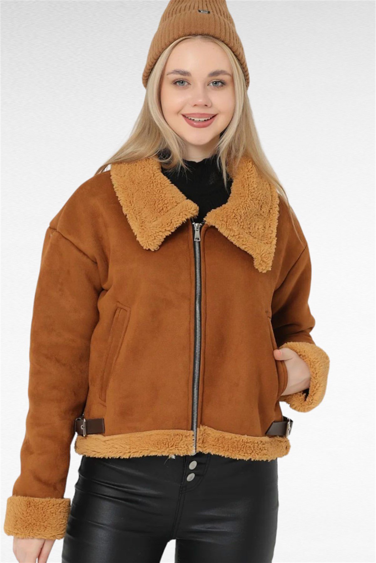 ZARA PELUŞ DETAYLI BİKER NUBUK MONT KADIN