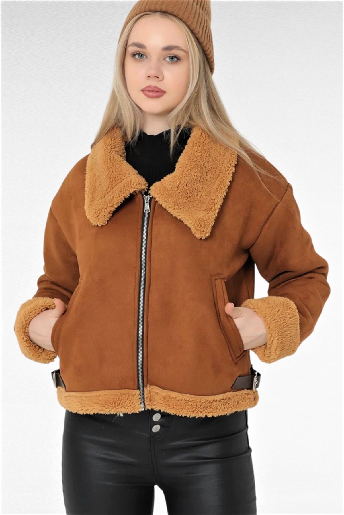 ZARA PELUŞ DETAYLI BİKER NUBUK MONT KADIN