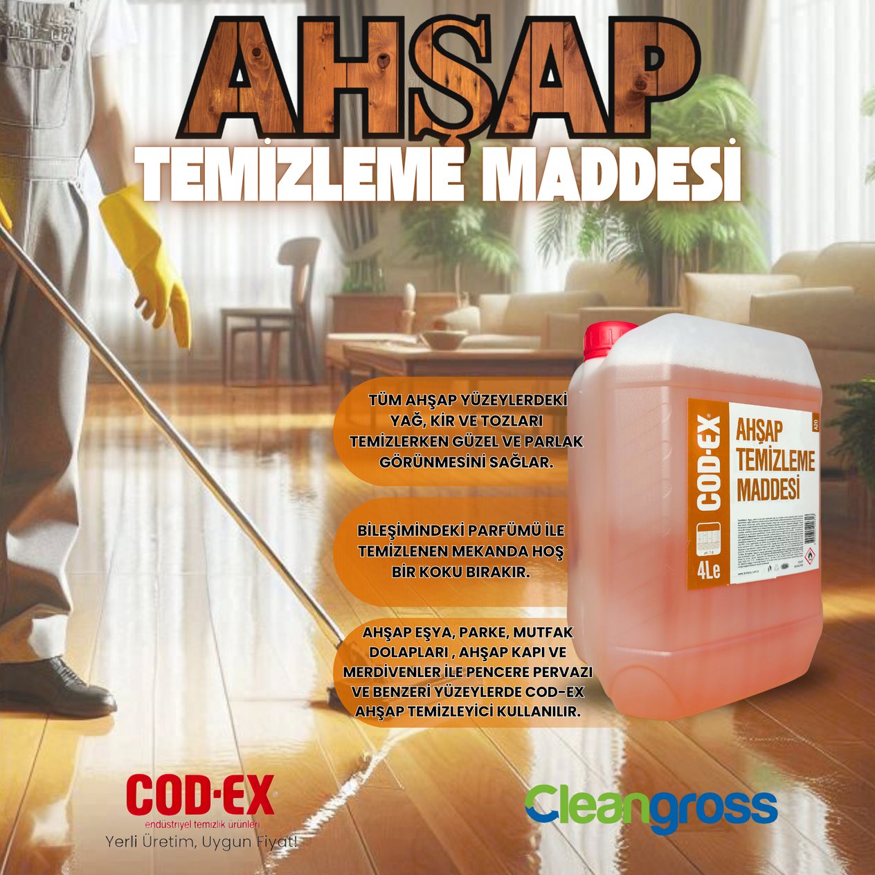 Parke Laminat ve Ahşap Temizleme  Parlatma Maddesi 4 Litre
